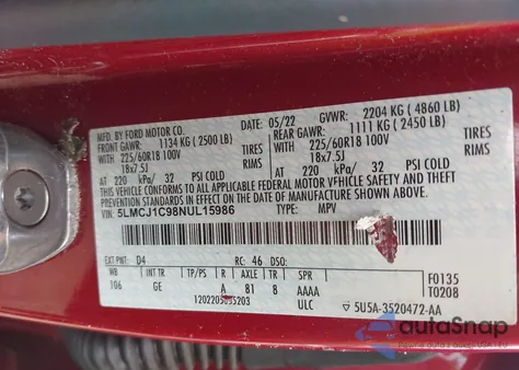 2022 Lincoln Corsair z USA, uszkodzony, nr VIN 5LMCJ1C98NUL15986